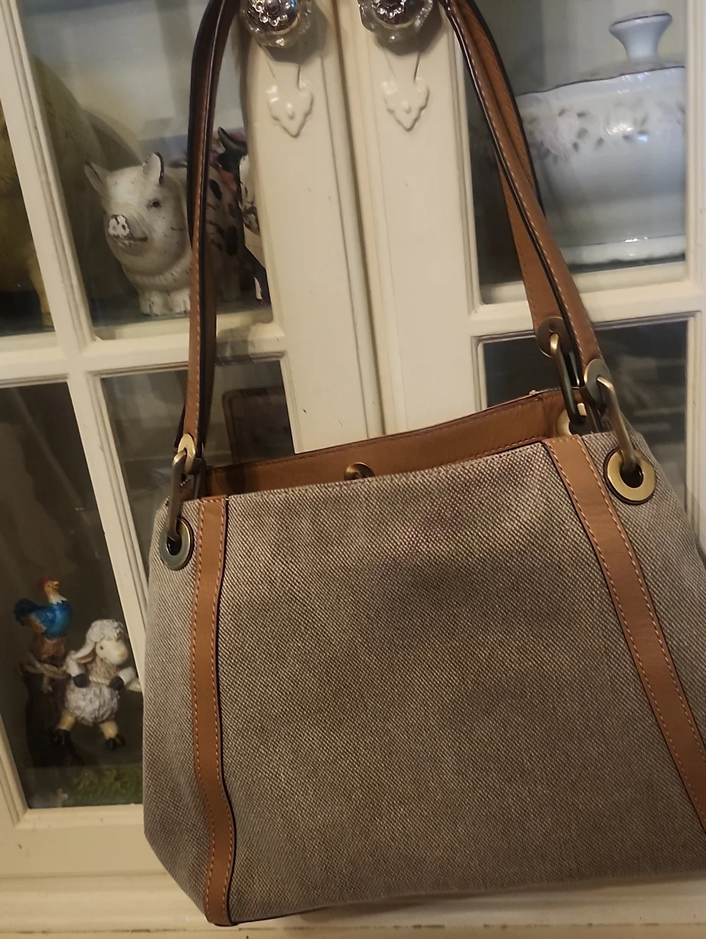 Michael Kors Beige Canvas Shoulder Bag with Tan Leather Trim